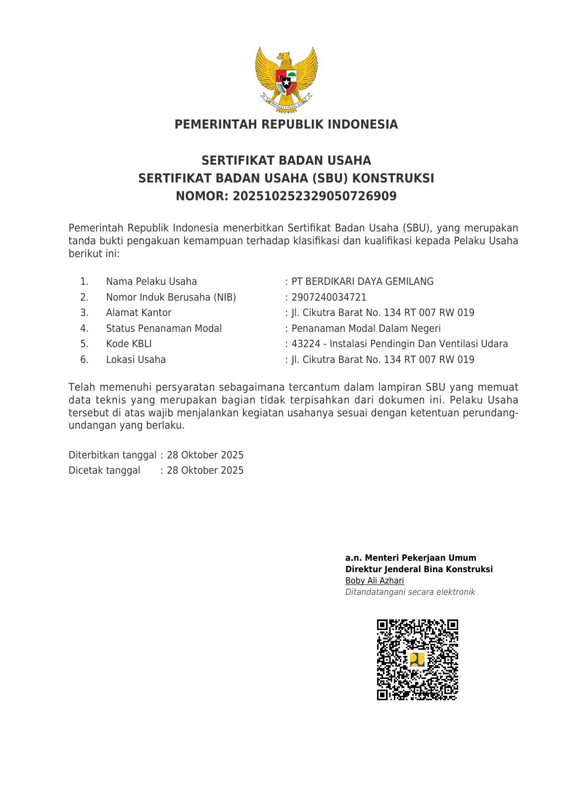Sertifikat Badan Usaha (SBU) Konstruksi